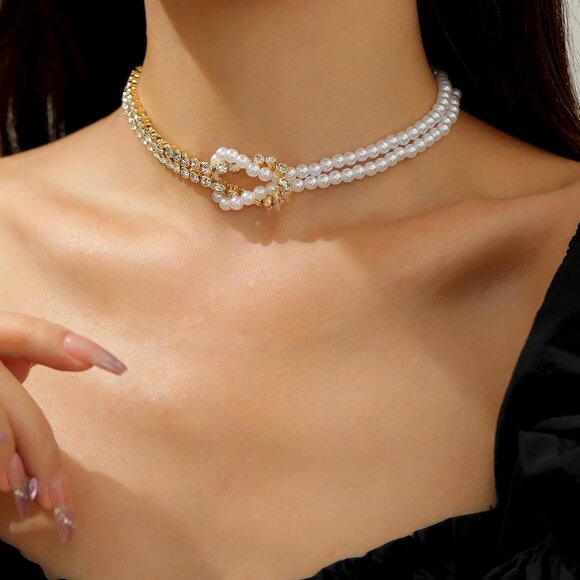 Women's Dainty Gold Pearl Necklace 14k Gold Plated Choker Necklace Simple Trendy - Picture 3 of 6